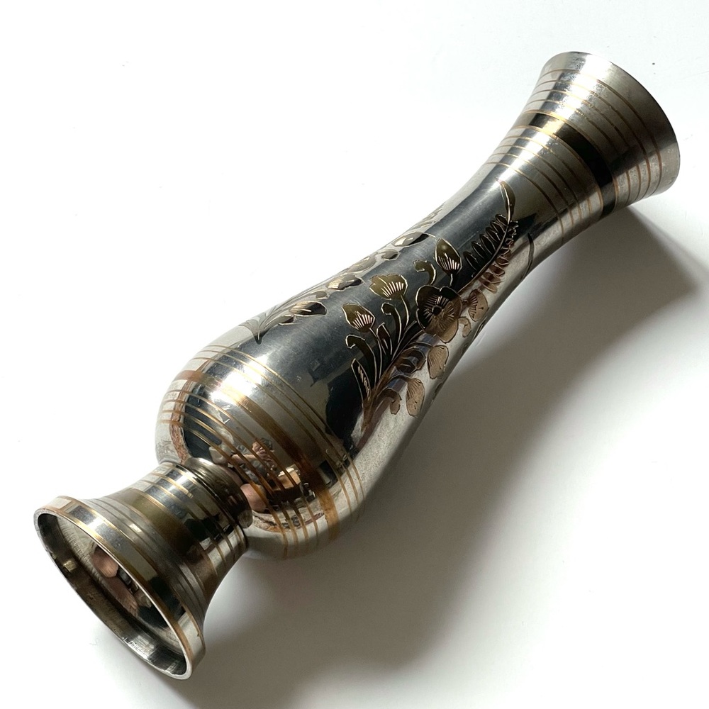 Vintage Solid Brass Vase - Floral Etched Design, Silver & Gold
